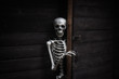 Skeleton answering the door of an old wooden home.