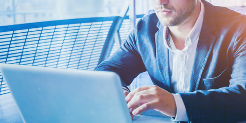 people using computer, business man working online on laptop, technology background