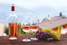 Bottle Of Pink Rose Wine With Two Glasses, Romantic Dinner For Couple