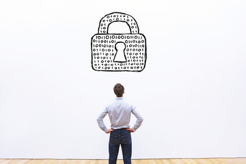 personal information protection concept, cybersecurity of data, digital lock with binary code of password