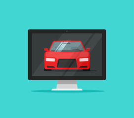 Wall Mural - car or auto on computer screen vector illustration, flat cartoon design pc with automobile on displa