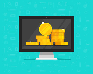 Wall Mural - Computer with money on screen vector, flat of pc with big golden coins stack, idea of online finances, digital earnings, electronic bank or wallet, on-line wealth or savings, win jackpot or fortune