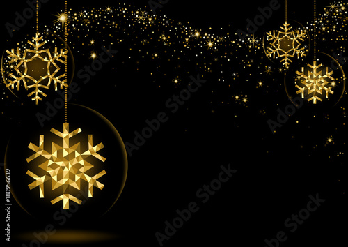 Gold Glowing Christmas Snowflakes over Black Space with Starry Wave - Abstrac...