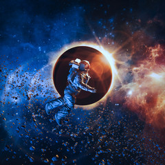Wall Mural - solar eclipse astronaut / 3d illustration of astronaut floating in space during solar eclipse