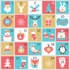 Wall Mural - christmas advent calendar with hand drawn elements. xmas poster.