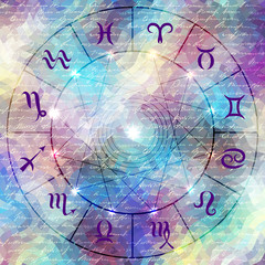 Wall Mural - Magic circle with zodiacs sign on abstract grunge background.