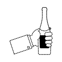 Wall Mural - flat line monochromatic  hand  with bottle champagne sticker  vector illustration