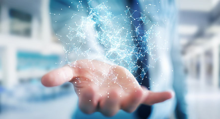 Wall Mural - Businessman holding flying network connection 3D rendering