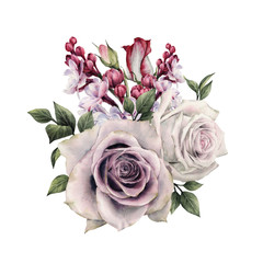 Bouquet of roses, watercolor, can be used as greeting card, invitation card for wedding, birthday and other holiday and  summer background.