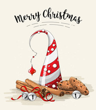 Christmas Still-life, Brown Cookies, Abstract Christmas Tree, Cinnamon Sticks And Jingle Bells On White Background, Illustration