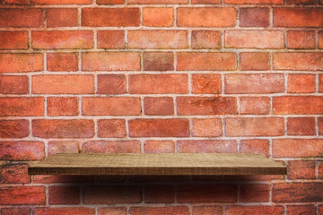 empty shelf product display on Red brick wall background