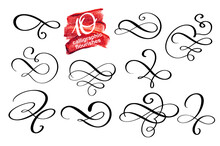 Vector Set Of Calligraphic Design Flourish Elements And Page Decorations. Elegant Collection Of Hand Drawn Swirls And Curls For Your Design