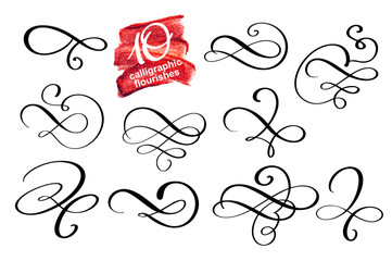 Wall Mural - Vector set of calligraphic design flourish elements and page decorations. Elegant collection of hand drawn swirls and curls for your design