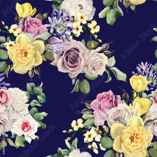 Seamless floral pattern with roses, watercolor.