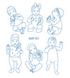 © Good Studio - Collection of infant children or babies dressed in various clothes and holding toys and rattles. Set of toddlers in different postures drawn in line art style. Monochrome vector illustration.