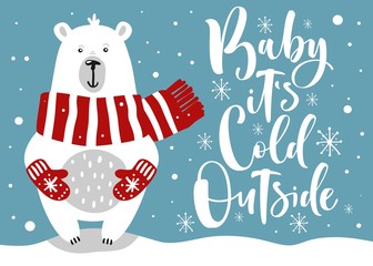 Wall Mural - Cute winter card with hand drawn bear and lettering 