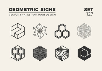 Set of eight minimalistic trendy shapes. Stylish vector logo emblems for Your design. Simple geometric signs collection.