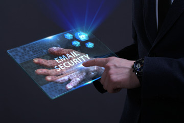 business, technology, internet and network concept. young businessman working on a virtual screen of