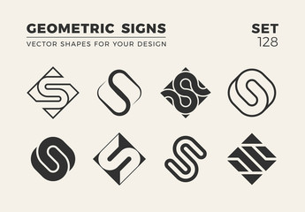 set of eight minimalistic trendy shapes. stylish vector logo emblems for your design. simple geometr