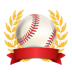 Sticker - Baseball Award Vector. Sport Banner Background. White Ball, Red Stitches, Red Ribbon, Laurel Wreath. 3D Realistic Isolated Illustration