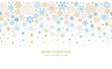 Wall Mural - Seamless snowflake border, festive decoration isolated on white background, Merry Christmas design for greeting card or postcard. Vector illustration, xmas flake header or banner