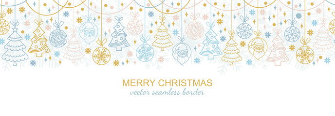 Wall Mural - Seamless snowflake border  festive decoration isolated on white background, Christmas design. Vector illustration, xmas ornament, snow flake header or banner