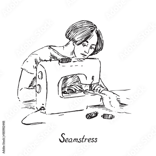 Seamstress At Work With Sewing Machine Hand Drawn Doodle