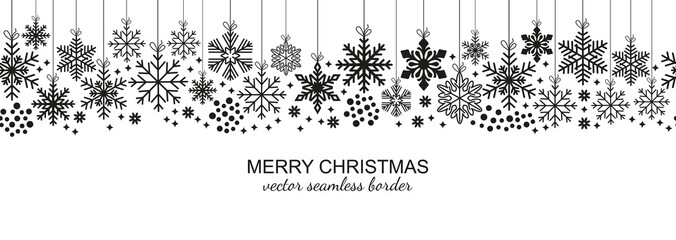 Wall Mural - Festive seamless snowflake border isolated on white background, Christmas design for postcard or greeting card. Vector illustration, merry xmas flake header or banner, wallpaper or backdrop decor