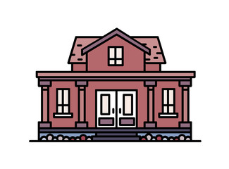 Fototapete - Two-story suburban house with porch and columns built in elegant classic architectural style. Residential building isolated on white background. Colorful vector illustration in line art style.