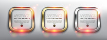 Abstract Vector Square Banners Set Of 3. Gold, Bronze And Silver Frames. Metallic Glowing Frames. Isolated On The White Background. Each Item Contains Space For Own Text. Vector Illustration. Eps10.