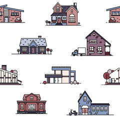 Fototapete - Seamless pattern with suburban houses on white background. Backdrop with living or residential buildings of various architecture. Vector illustration in line art style for wallpaper, textile print.
