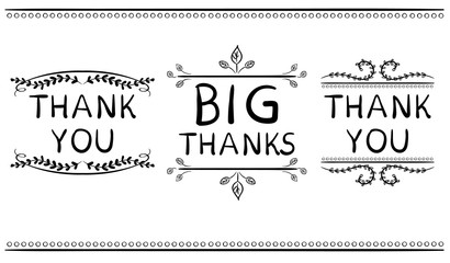 Thank you card templates. Big thanks. VECTOR handwritten words with handdrawn vignettes.