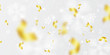 Gold confetti, snowflakes falling, vector illustration. White cold flake elements on white background. Snowflakes, celebration decorations flying in the air. Christmas, New Year design for banners.