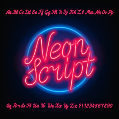 Wall Mural - Neon script alphabet font. Red neon uppercase and lowercase letters and numbers. Hand drawn vector typeface for your headers or any typography design.