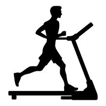 Silhouette Of Young Man Running On Treadmill. Vector Illustration In Flat Style.