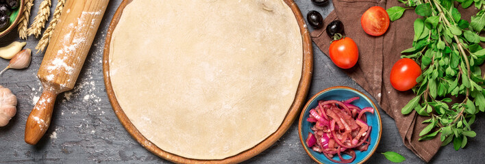 Poster - Pizza dough with ingredients for preparing vegetarian pizza