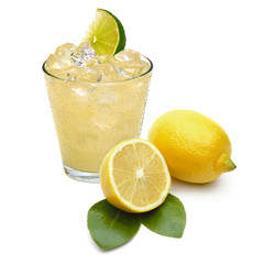 Lemonade with ice on white background