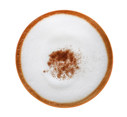 Top view of hot coffee latte cappuccino isolated on white background, clipping path included