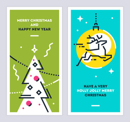 Christmas and New Year linear cards set with christmas tree and running deer. Set of xmas thin line design templates for print or web. Vector illustration.