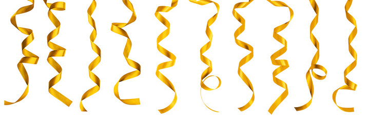 Gold satin ribbon scroll set isolated on white background with clipping path for Christmas and wedding card design decoration element