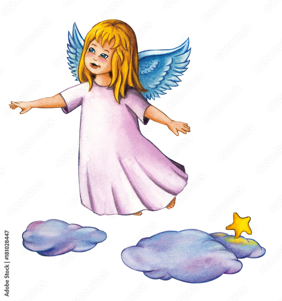 Cute little angel girl flying above the clouds. Christmas watercolor  illustration isolated on white background. Stock Illustration | Adobe Stock, image size:935x1000