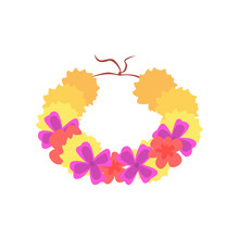 Hawaiian Lei With Bright Colorful Flowers, Traditional Necklace Cartoon Vector Illustration