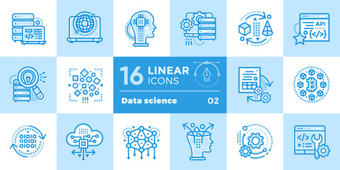 Linear icon set of Data science technology and machine learning process. Material design icon suitable for print, website and presentation