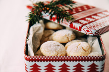 Traditional Swiss Christmas Cookies With Coconut In A Tin Box