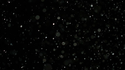 Wall Mural - snowfall bokeh lights on black background, shot of flying snowflakes in the air