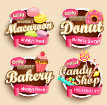 Set Of Food Labels Or Stickers - Macaroon, Donut, Bakery, Candy Shop - Design Template. Vector Illustration.