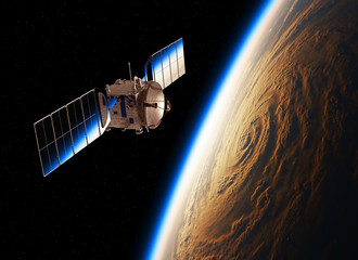 Wall Mural - reflection of planet earth in the solar panels of satellite