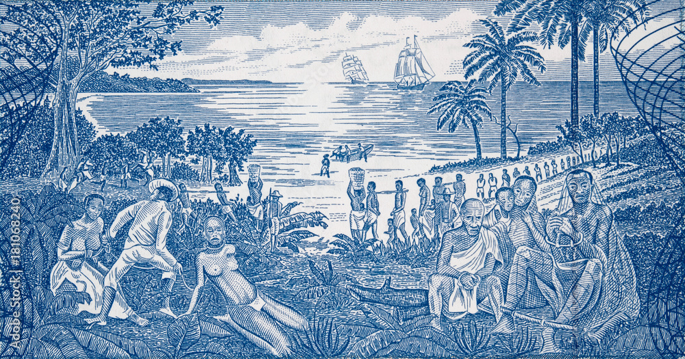 African slave trade on Guinea Bissau 500 peso banknote closeup macro, slavery scene in Africa.. - obrazy, fototapety, plakaty 