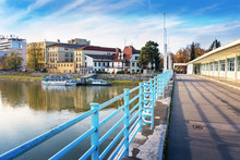 Bridge To Spa Island In Piestany, Vah River, Riverbank, Blue Sky (Slovakia)