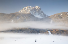 Sexten Dolomites In Morning Fog In Winter, Trentino Alto Adige, Italy